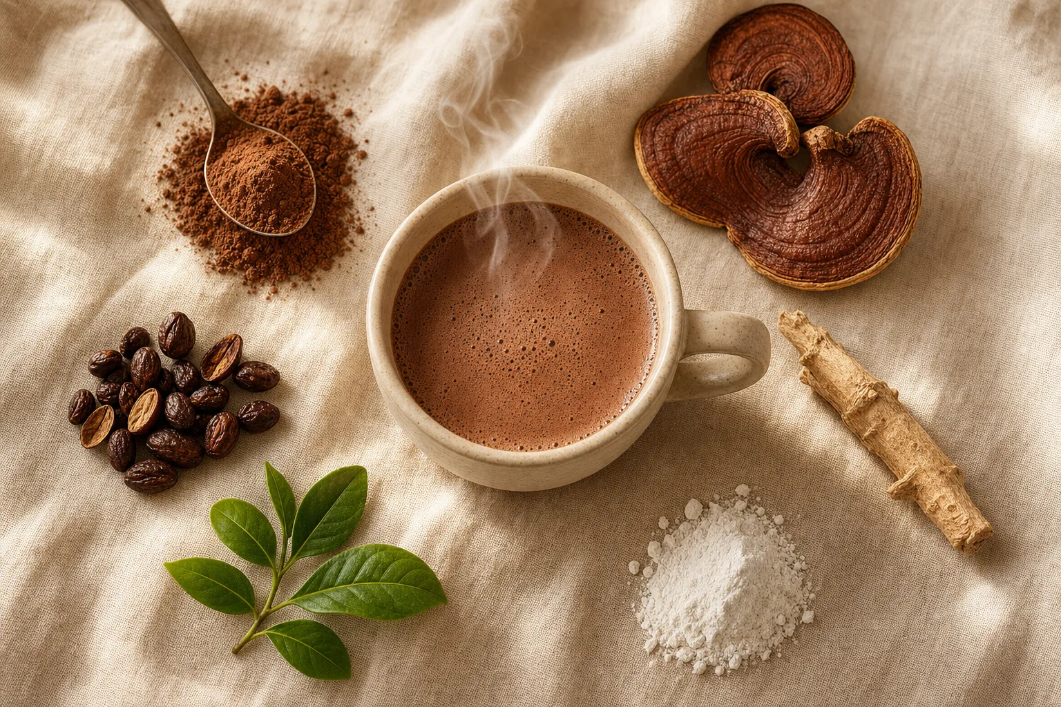A cup of Mellow hot cocoa surrounded by its real raw ingredients