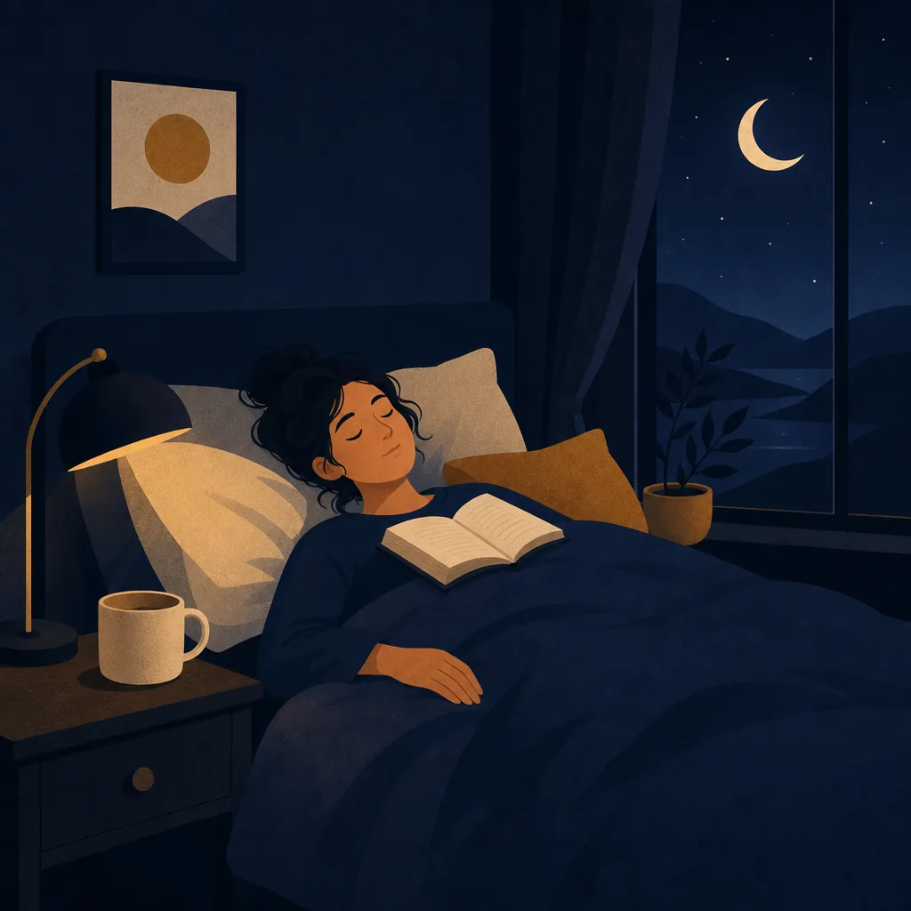 Asleep with the book still open, mug empty on the nightstand